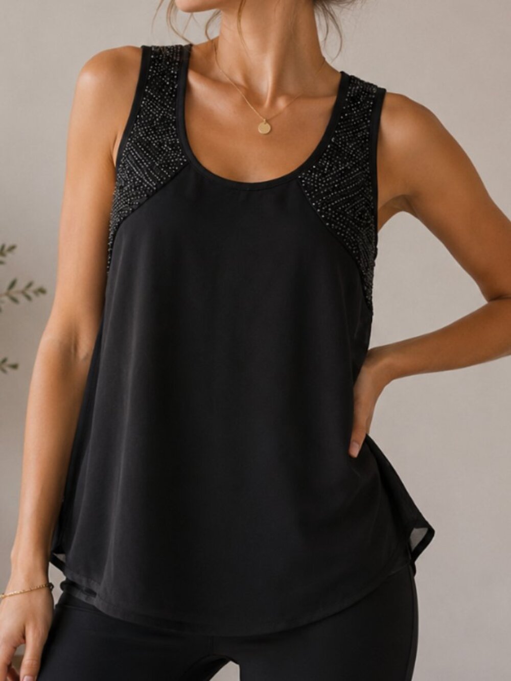 Rock & Shine Beaded Sleeveless Blouse | Petite Small | Black Dressy Top